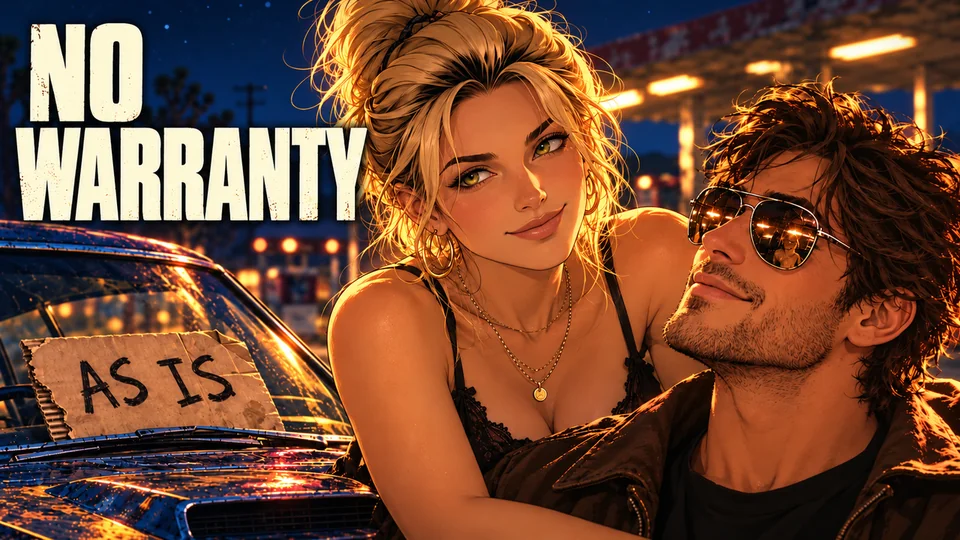 An illustrated couple leans against a car marked AS IS beneath NO WARRANTY.